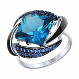 Кольцо из серебра с эмалью с синим ситаллом и синими фианитами