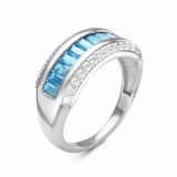 Серебряное кольцо с голубым топазом, кварцем, фианитом
