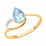 Золотое кольцо с голубым топазом и фианитом
