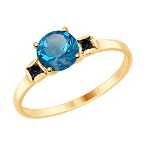 Кольцо из золота с синим топазом и чёрными фианитами