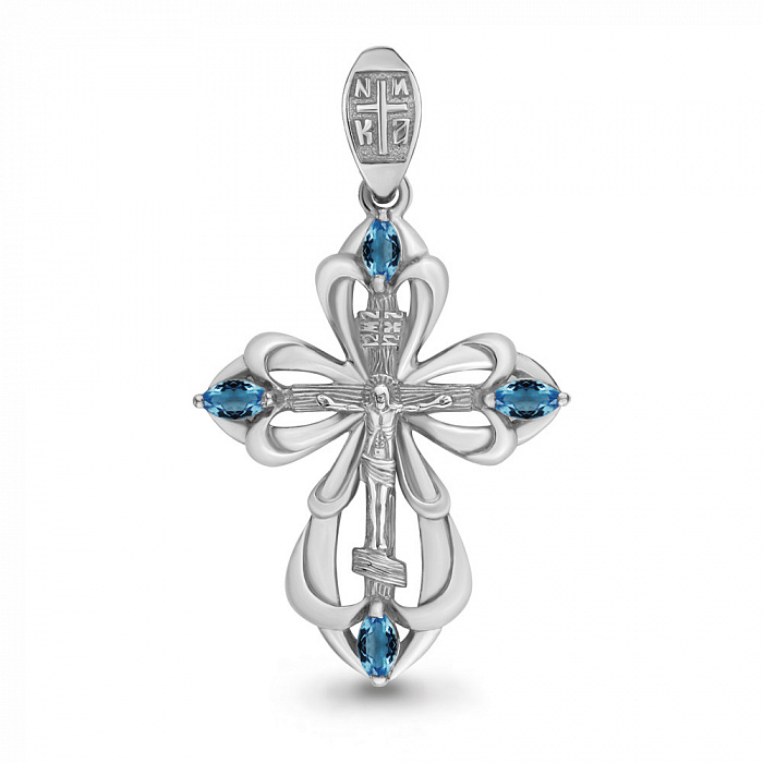 Серебряная православная подвеска крестик с голубым топазом