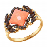 Золотое кольцо с микс камнем, кораллом, фианитом